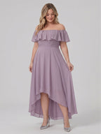 Sweet & Flowy lavender Chiffon A-Line Off-the-Shoulder Backless Asymmetrical Plus Size Bridesmaid Dress - Curvevia
