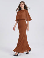 Terracotta Chiffon Mermaid Sweetheart Back Zip Floor-Length Bridesmaid Dress with Cape - Curvevia