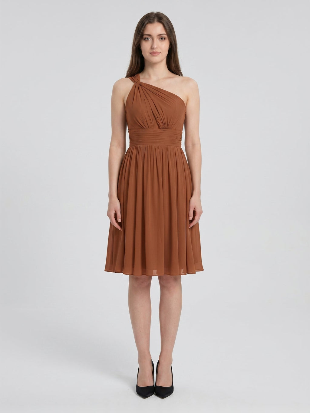 Terracotta Chiffon A-Line One Shoulder Backless Knee-Length Pleated Bridesmaid Dress - Curvevia