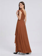 Terracotta Chiffon A-Line One Shoulder Backless Floor-Length Ruffle Bridesmaid Dress - Curvevia