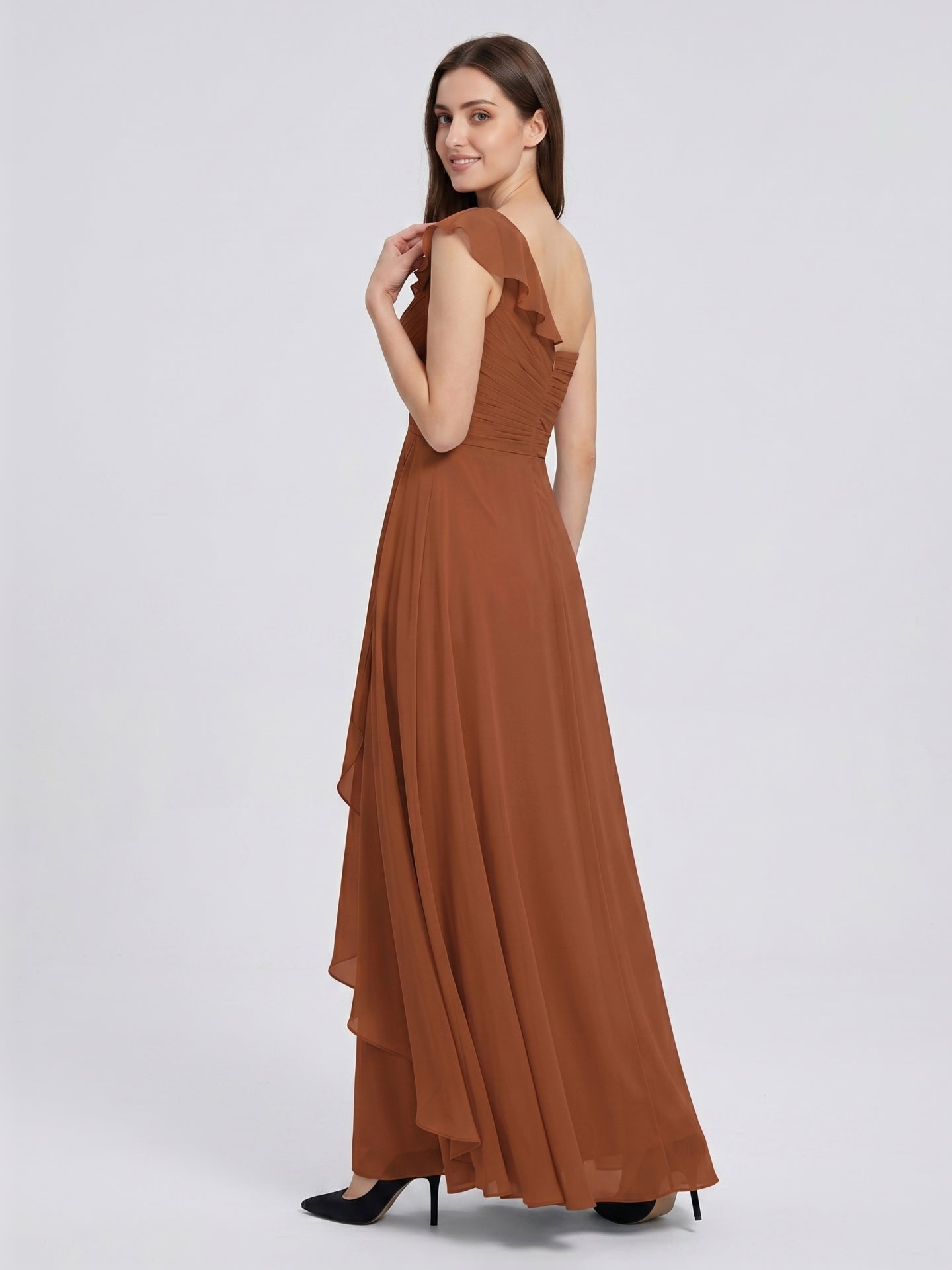 Terracotta Chiffon A-Line One Shoulder Backless Floor-Length Ruffle Bridesmaid Dress - Curvevia