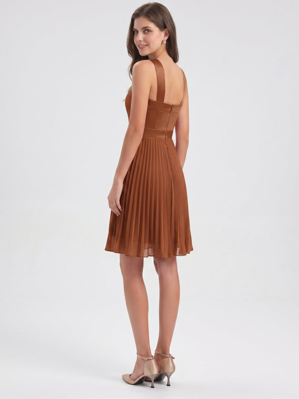 Terracotta Chiffon A-Line Halter Back Zip Knee-Length Pleated Bridesmaid Dress - Curvevia