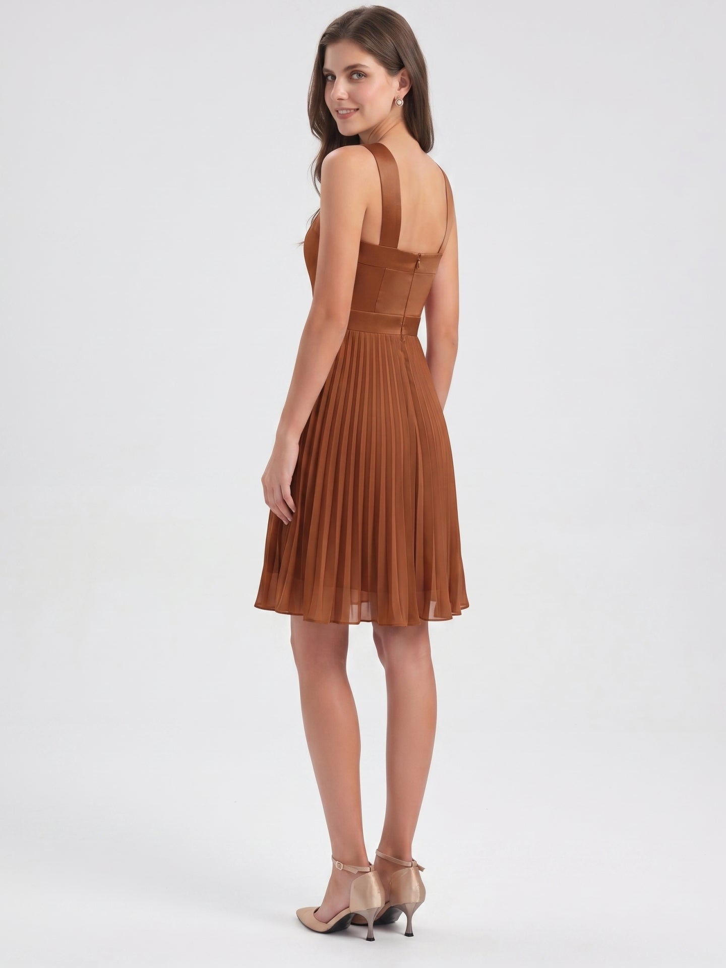 Terracotta Chiffon A-Line Halter Back Zip Knee-Length Pleated Bridesmaid Dress - Curvevia
