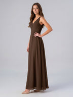 Mocha Chiffon A-Line V-Neck V-Back Floor-Length Bridesmaid Dress with Pockets - Curvevia