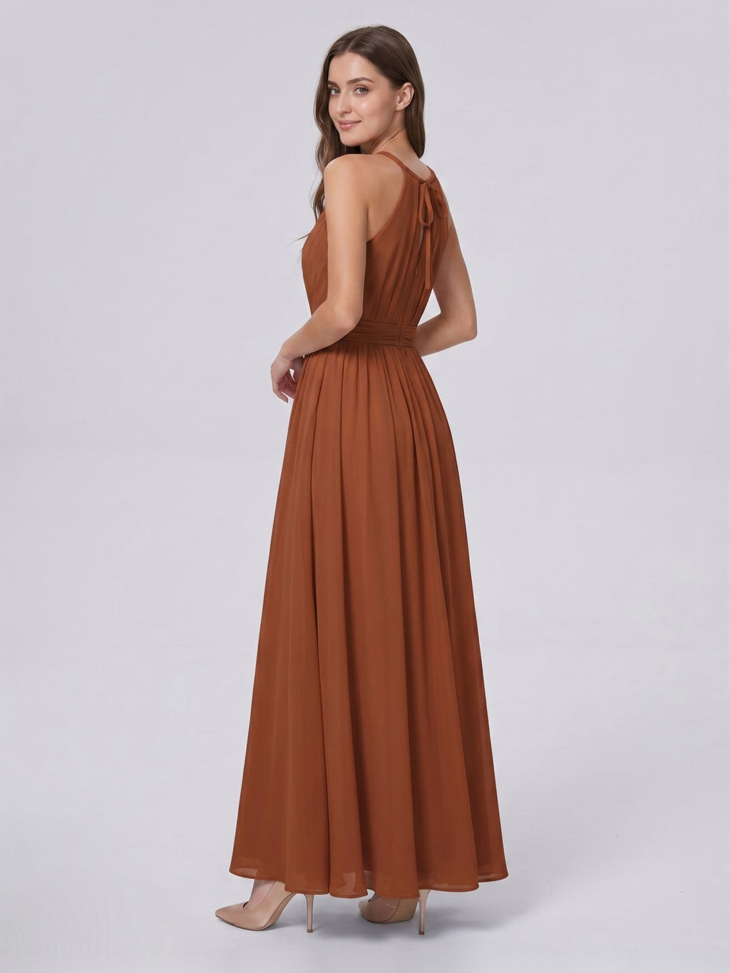 Terracotta Chiffon A-Line Halter Bow Back Floor-Length Bridesmaid Dress with Bow - Curvevia