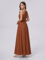 Terracotta Chiffon A-Line Halter Bow Back Floor-Length Bridesmaid Dress with Bow - Curvevia