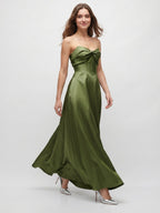 Olive Green Satin A-Line Off-the-Shoulder Back Zip Floor-Length Bridesmaid Dress with Pockets - Curvevia