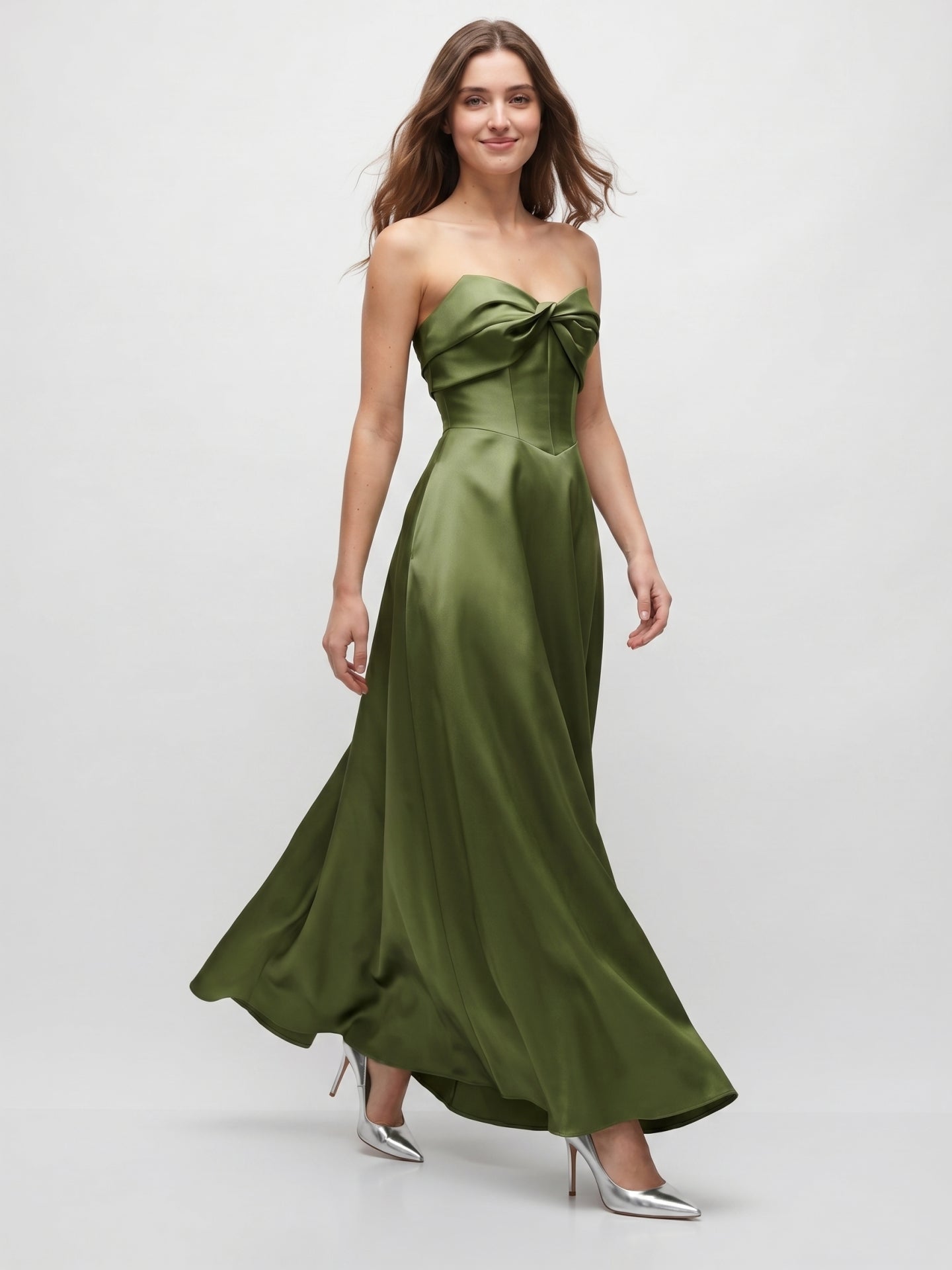 Olive Green Satin A-Line Off-the-Shoulder Back Zip Floor-Length Bridesmaid Dress with Pockets - Curvevia