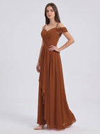 Terracotta Chiffon A-Line Off-the-Shoulder Backless Floor-Length Pleated Bridesmaid Dress - Curvevia