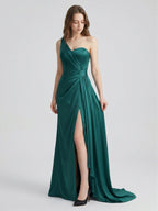 Peacock Satin Sheath One Shoulder Backless Floor-Length Pleated Bridesmaid Dress - Curvevia