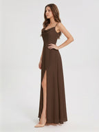 Mocha Chiffon Sheath Cowl Neck Backless Ankle-Length Bridesmaid Dress - Curvevia