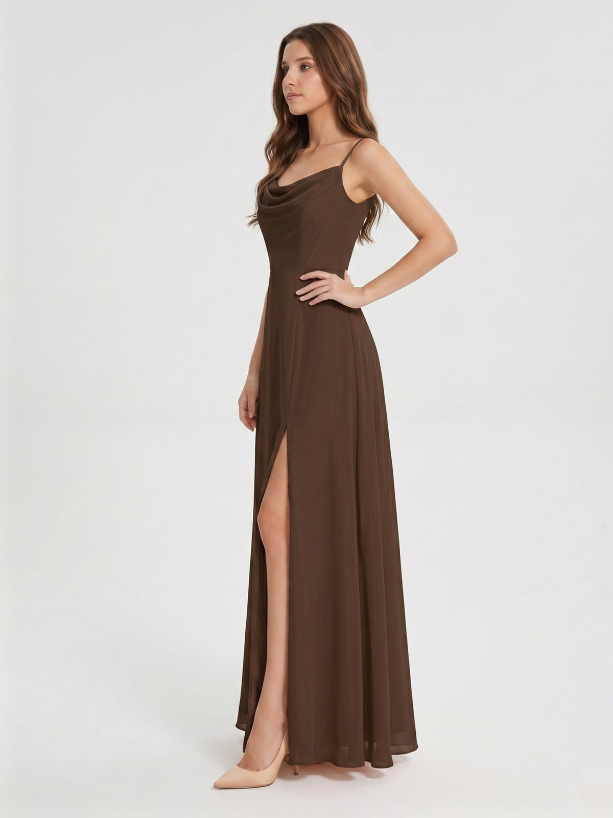 Mocha Chiffon Sheath Cowl Neck Backless Ankle-Length Bridesmaid Dress - Curvevia
