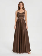Mocha Satin A-Line V-Neck Criss-Cross Back Floor-Length Bridesmaid Dress - Curvevia