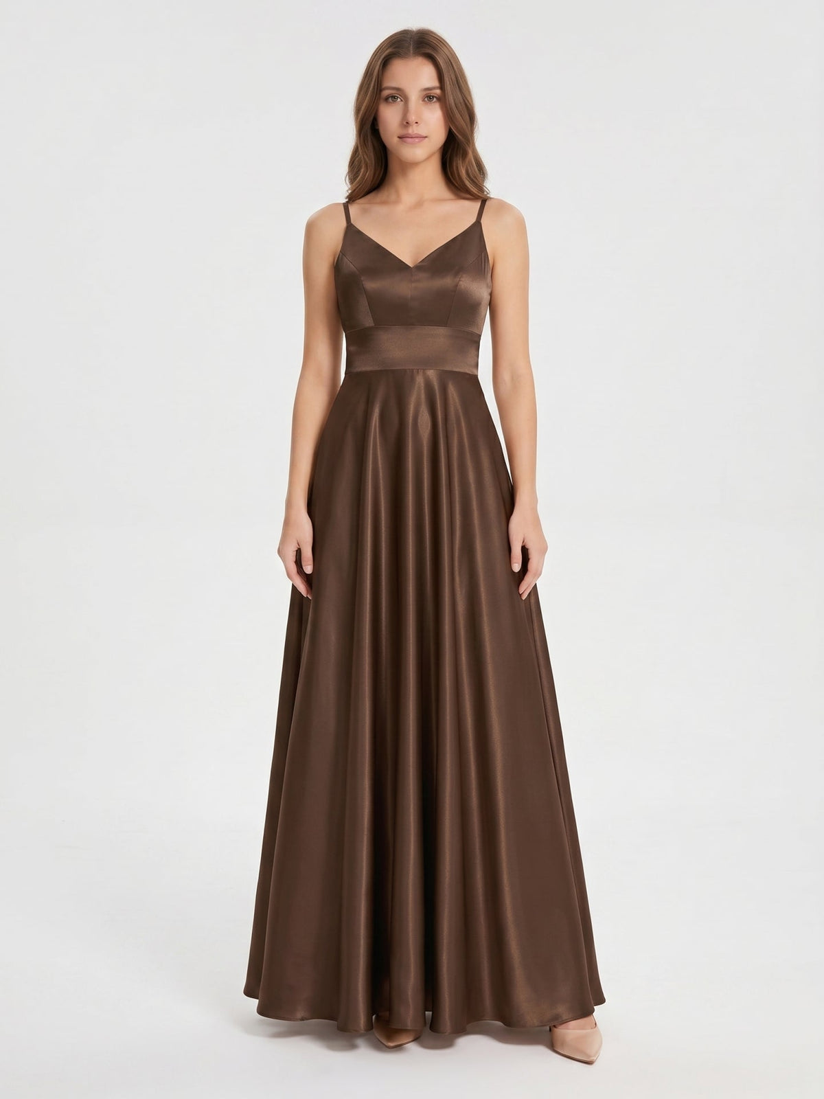 Mocha Satin A-Line V-Neck Criss-Cross Back Floor-Length Bridesmaid Dress - Curvevia