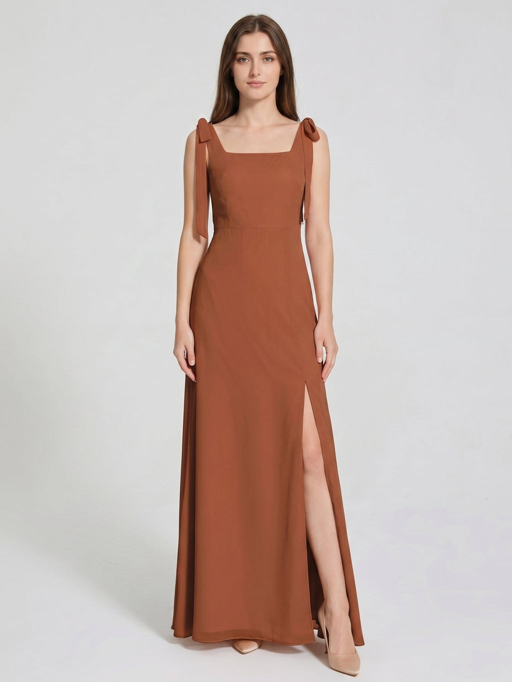 Terracotta Chiffon A-Line Square Neck Backless Floor-Length Bridesmaid Dress with Bow - Curvevia