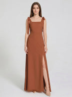 Terracotta Chiffon A-Line Square Neck Backless Floor-Length Bridesmaid Dress with Bow - Curvevia