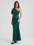 Peacock Satin Sheath One Shoulder Back Zip Floor-Length Ruffle Bridesmaid Dress - Curvevia