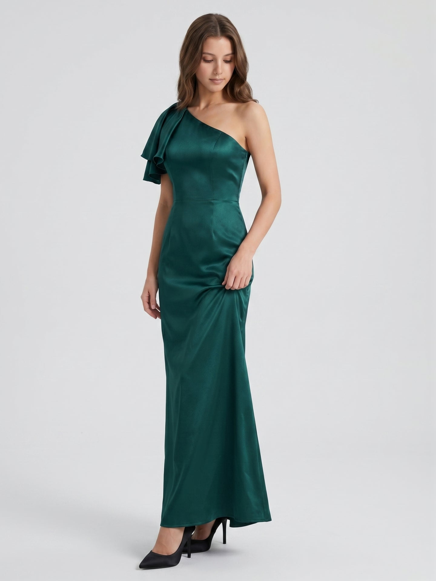 Peacock Satin Sheath One Shoulder Back Zip Floor-Length Ruffle Bridesmaid Dress - Curvevia