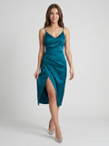 Teal Satin Sheath V-Neck Backless Asymmetrical Pleated Bridesmaid Dress - Curvevia