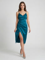 Teal Satin Sheath V-Neck Backless Asymmetrical Pleated Bridesmaid Dress - Curvevia