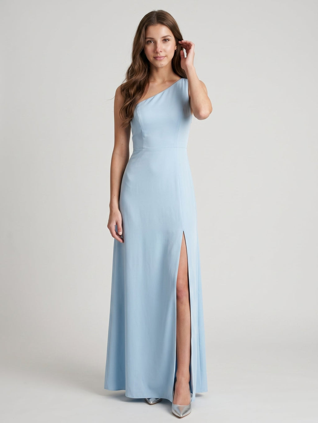 Fluid Sky Blue Matte Satin Trumpet One Shoulder Back Zip Ankle-Length Bridesmaid Dress - Curvevia