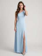 Fluid Sky Blue Matte Satin Trumpet One Shoulder Back Zip Ankle-Length Bridesmaid Dress - Curvevia