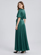 Peacock Satin A-Line V-Neck Side Zip Floor-Length Bridesmaid Dress with Bow - Curvevia