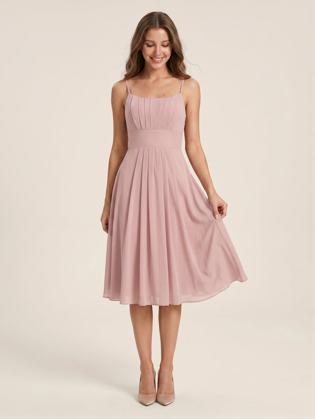 Coquette Dusty Rose Chiffon A-Line Straight Neck Back Zip with nan Knee-Length Bridesmaid Dress - Curvevia