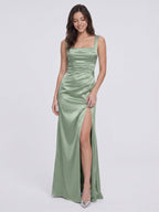 Elegant Dusty Sage Satin A-Line Square Neck Ankle-Length Bridesmaid Dress - Curvevia