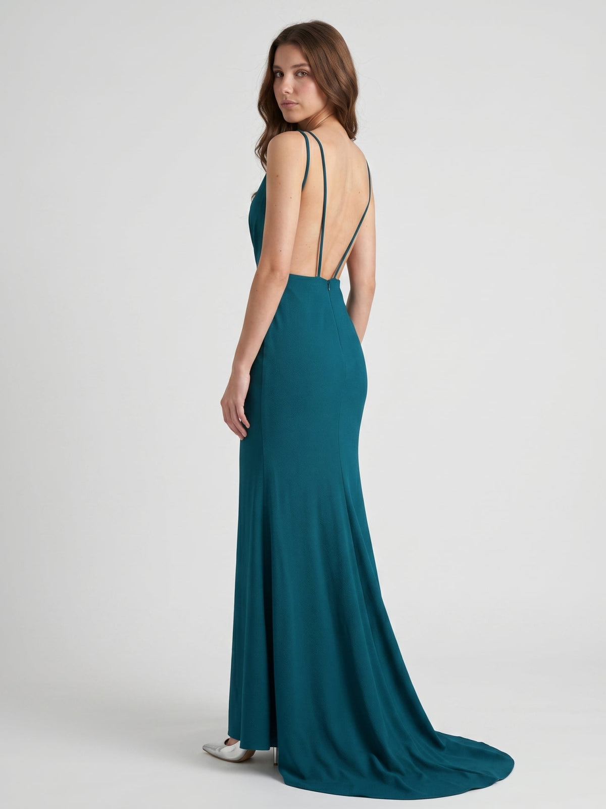 Teal Stretch Knit Mermaid V-Neck Backless Floor-Length Bridesmaid Dress - Curvevia