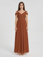 Terracotta Chiffon Empire Off-the-Shoulder V-Back Floor-Length Pleated Bridesmaid Dress - Curvevia