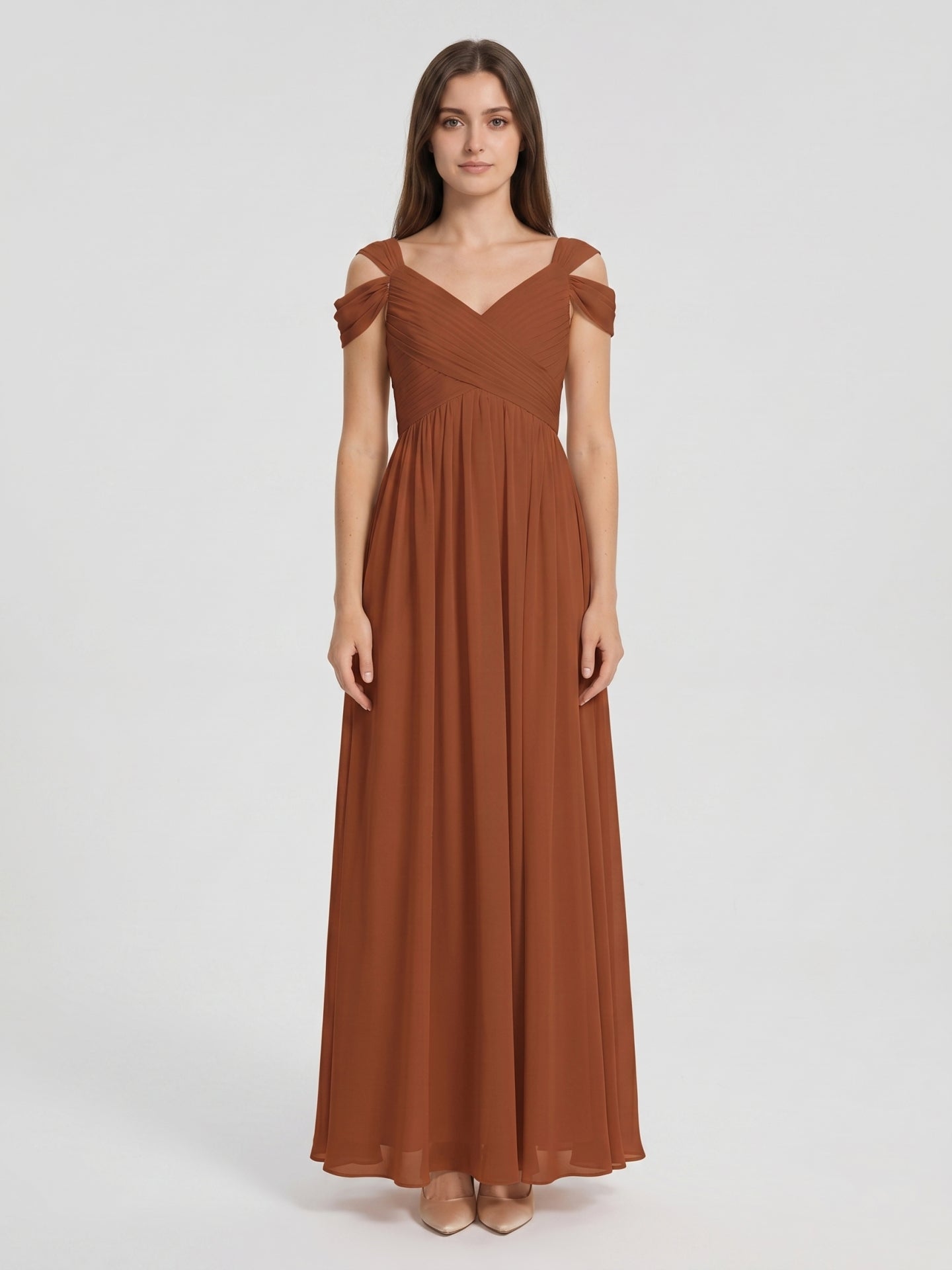 Terracotta Chiffon Empire Off-the-Shoulder V-Back Floor-Length Pleated Bridesmaid Dress - Curvevia
