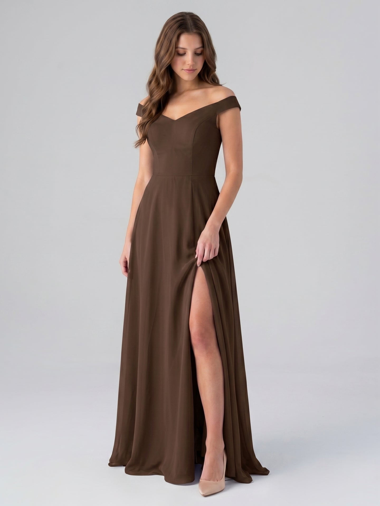 Mocha Chiffon A-Line Sweetheart V-Back Floor-Length Bridesmaid Dress - Curvevia