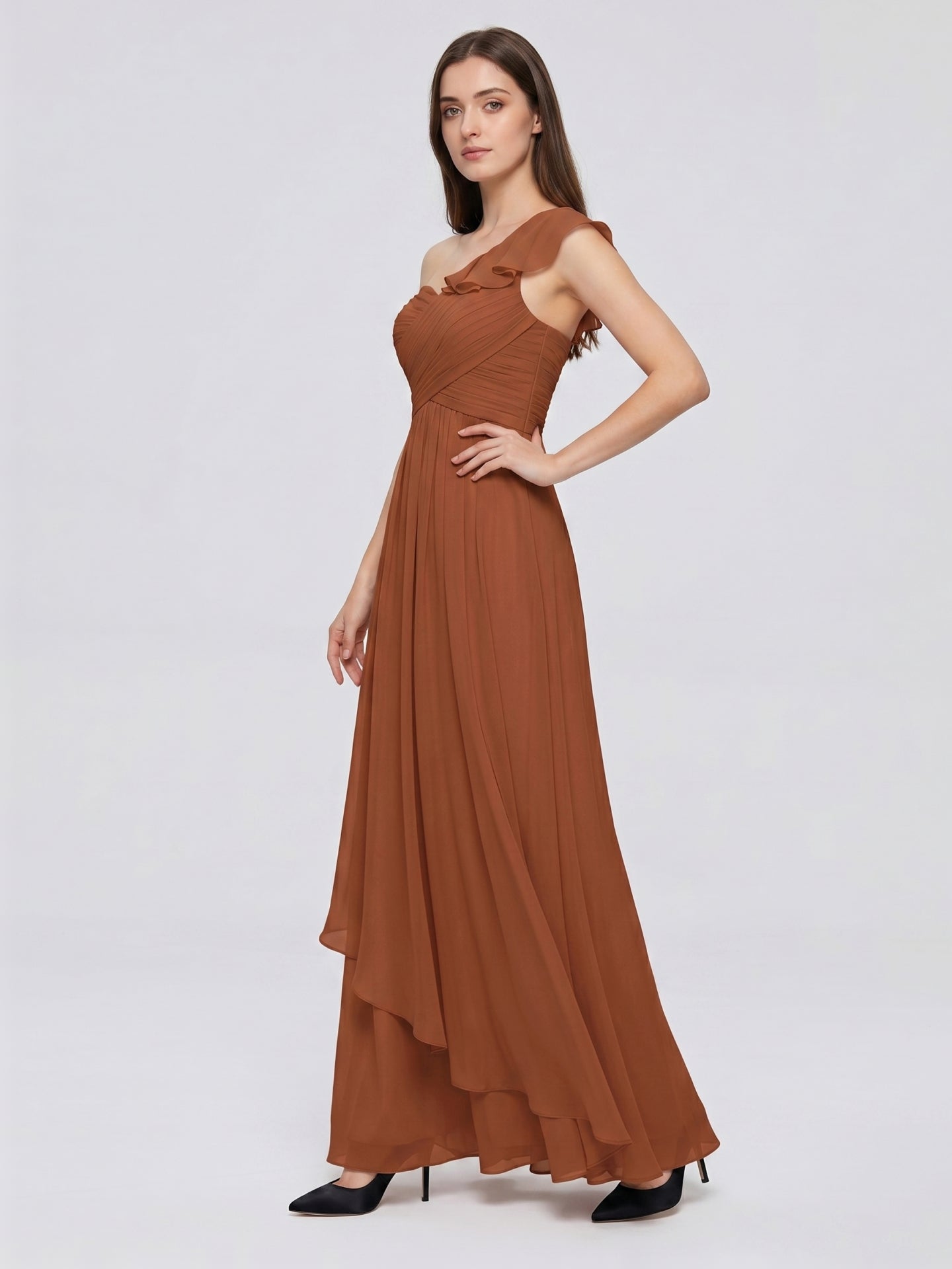 Terracotta Chiffon A-Line One Shoulder Backless Floor-Length Ruffle Bridesmaid Dress - Curvevia