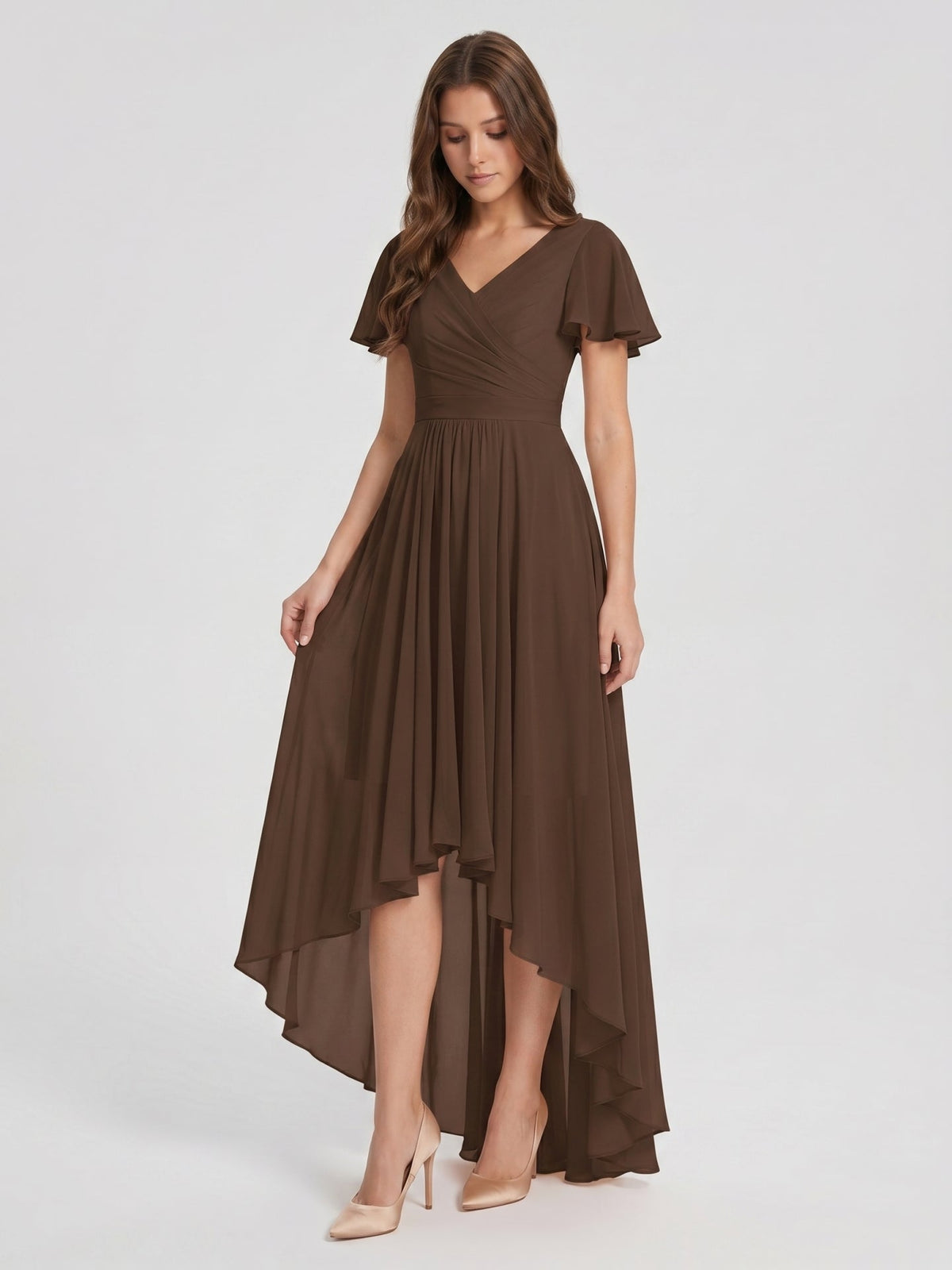 Mocha Chiffon A-Line V-Neck V-Back Asymmetrical Pleated Bridesmaid Dress - Curvevia
