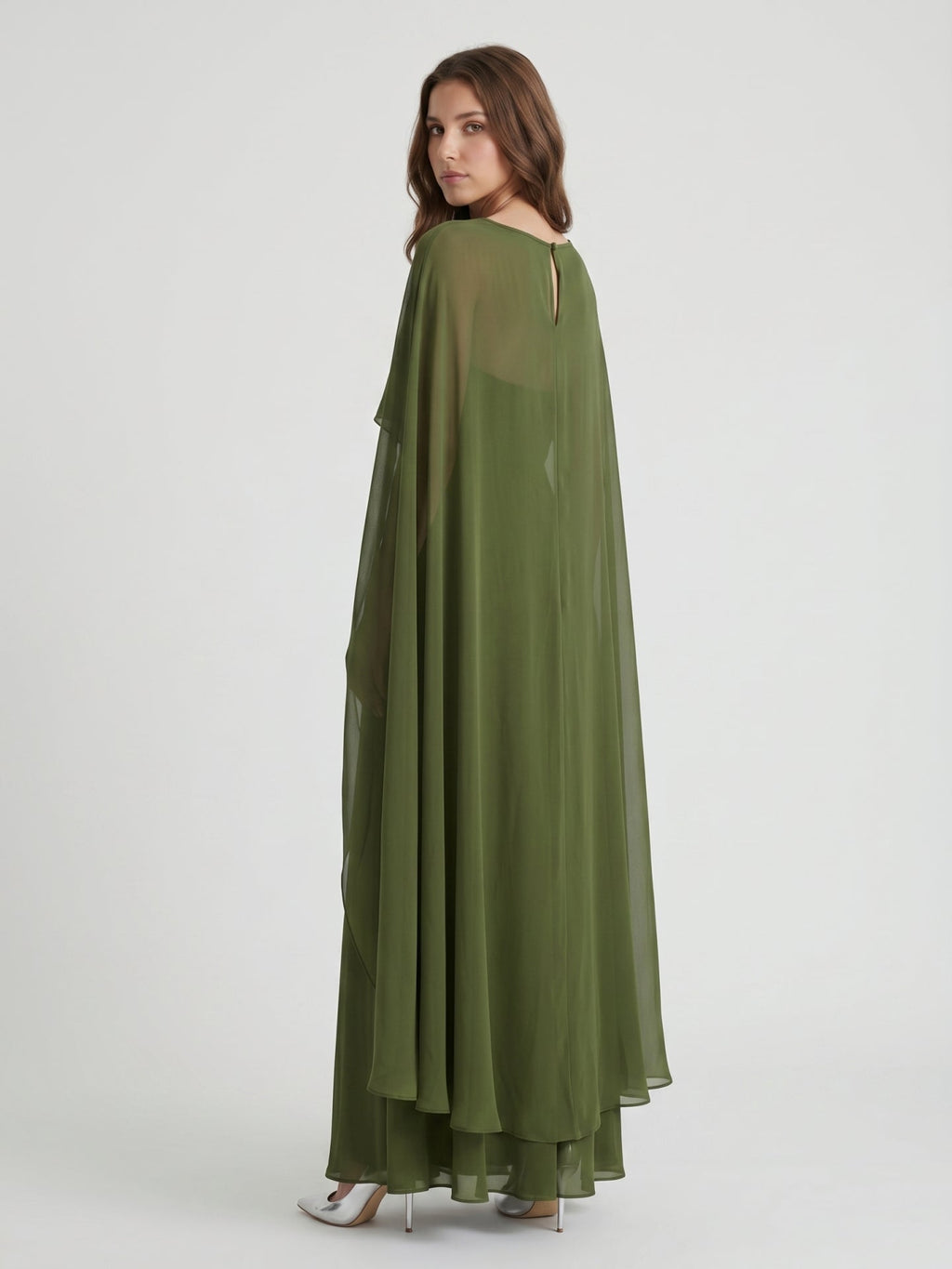 Olive Green Chiffon A-Line Straight Neck Illusion Back Floor-Length Bridesmaid Dress with Cape - Curvevia