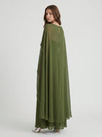Olive Green Chiffon A-Line Straight Neck Illusion Back Floor-Length Bridesmaid Dress with Cape - Curvevia