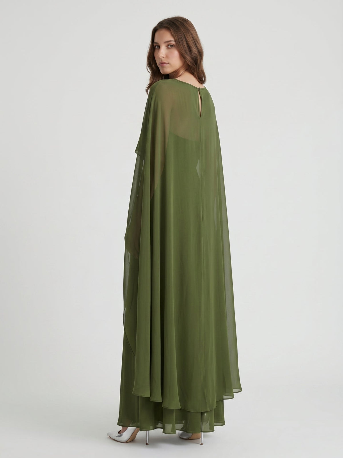 Olive Green Chiffon A-Line Straight Neck Illusion Back Floor-Length Bridesmaid Dress with Cape - Curvevia