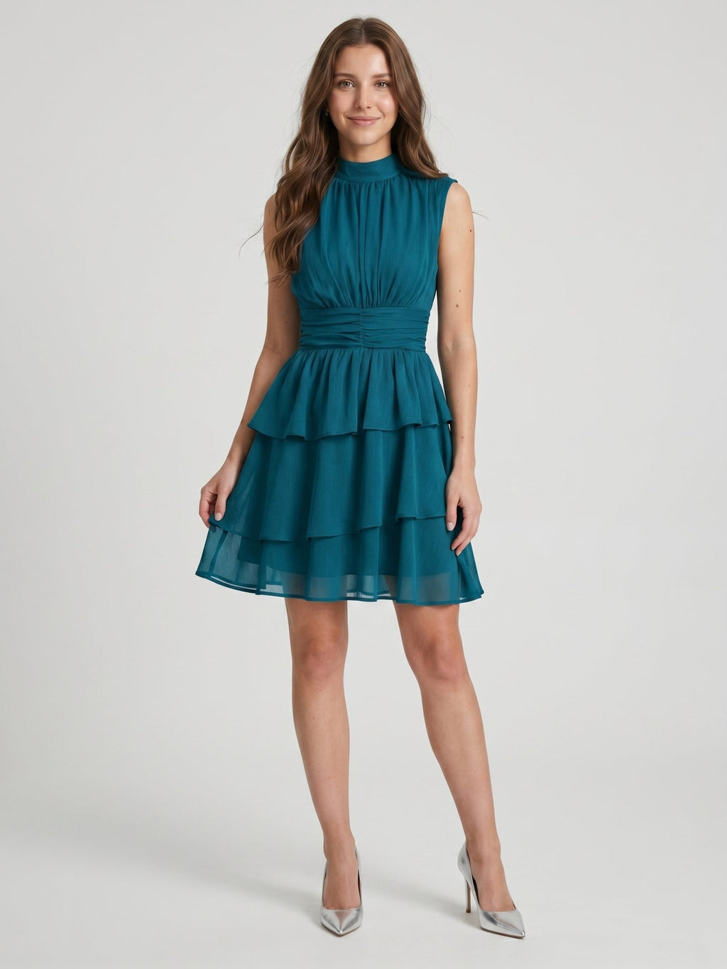 Teal Chiffon A-Line Scoop Neck Back Zip Knee-Length Cascading Ruffle Bridesmaid Dress - Curvevia