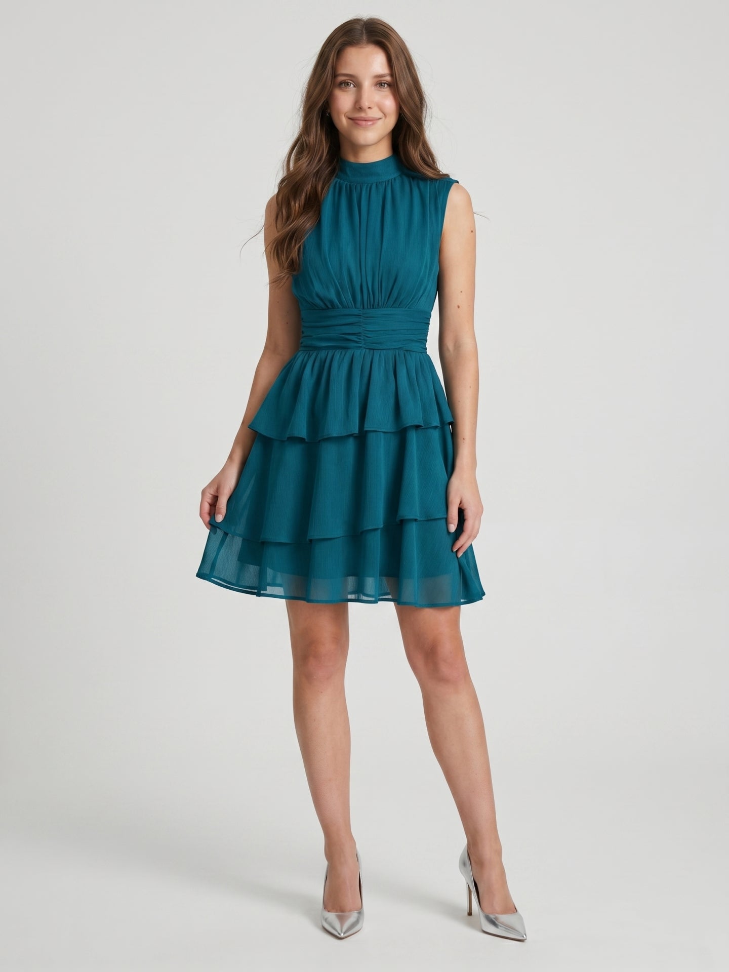 Teal Chiffon A-Line Scoop Neck Back Zip Knee-Length Cascading Ruffle Bridesmaid Dress - Curvevia