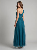 Teal Tulle A-Line One Shoulder Back Zip Floor-Length Pleated Bridesmaid Dress - Curvevia