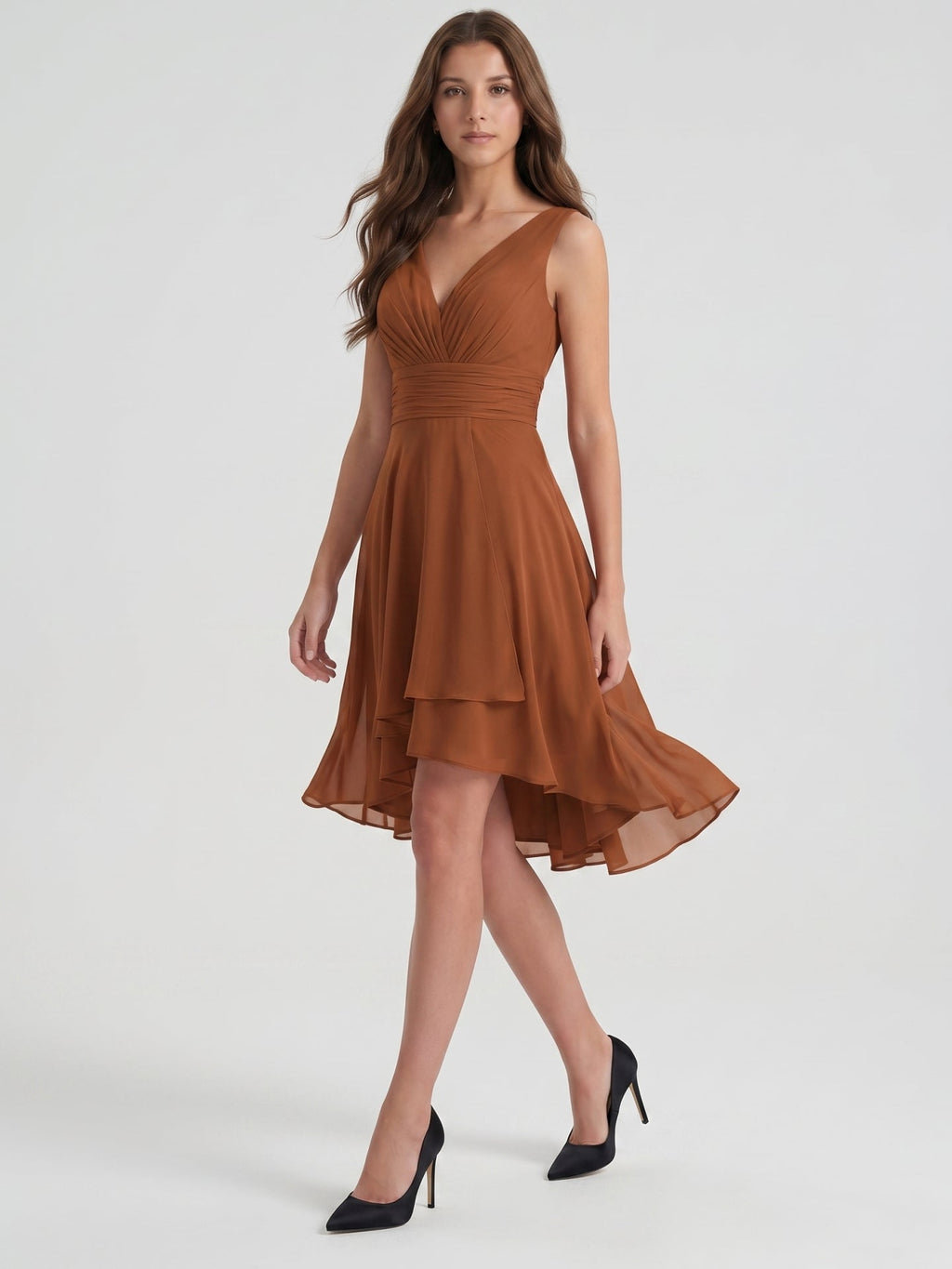 Terracotta Chiffon A-Line V-Neck V-Back Knee-Length Pleated Bridesmaid Dress - Curvevia