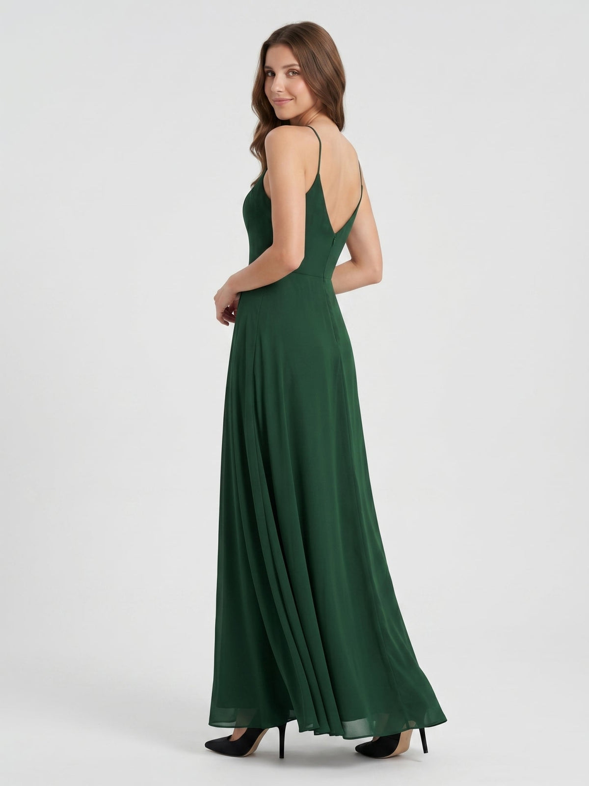 Forest Green Chiffon A-Line Halter Backless Floor-Length Bridesmaid Dress - Curvevia