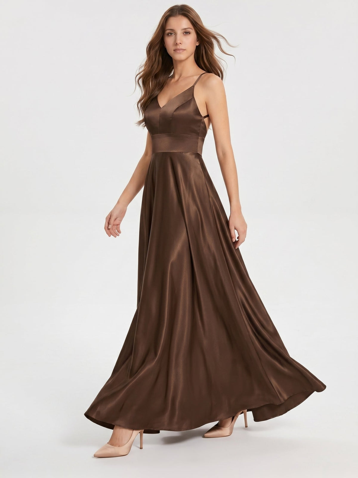 Mocha Satin A-Line V-Neck Criss-Cross Back Floor-Length Bridesmaid Dress - Curvevia