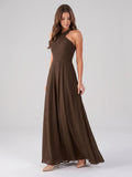 Mocha Chiffon A-Line Halter Backless Floor-Length Bridesmaid Dress with Pockets - Curvevia