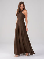 Mocha Chiffon A-Line Halter Backless Floor-Length Bridesmaid Dress with Pockets - Curvevia