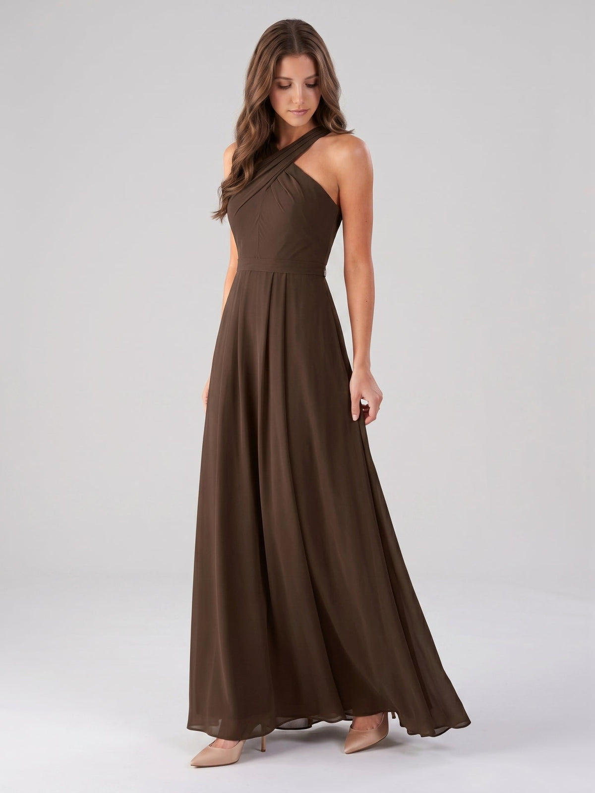 Mocha Chiffon A-Line Halter Backless Floor-Length Bridesmaid Dress with Pockets - Curvevia