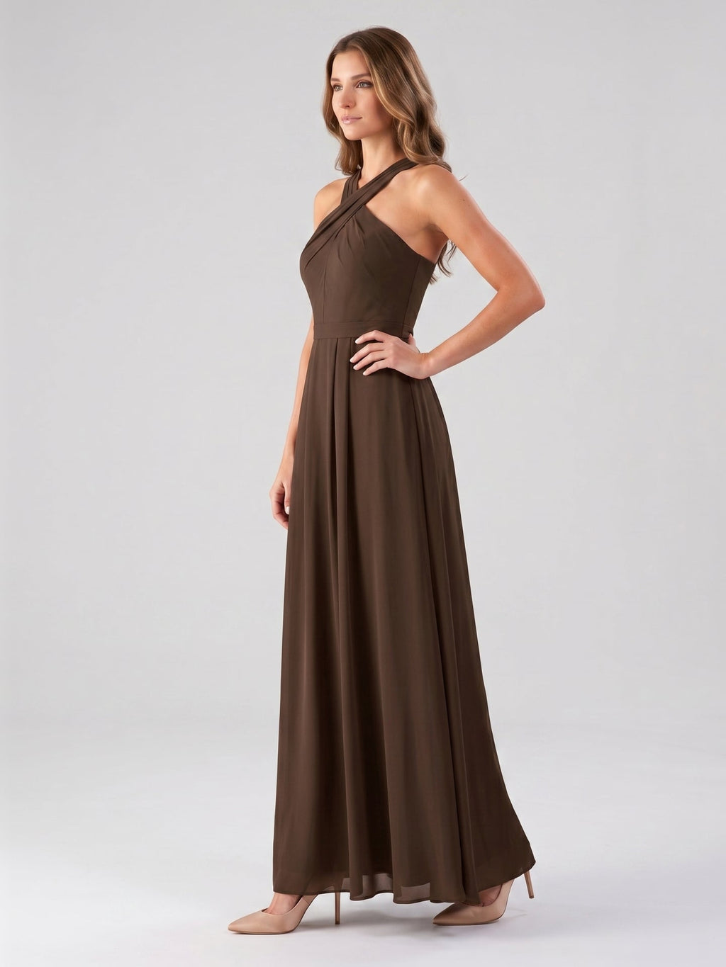 Mocha Chiffon A-Line Halter Backless Floor-Length Bridesmaid Dress with Pockets - Curvevia