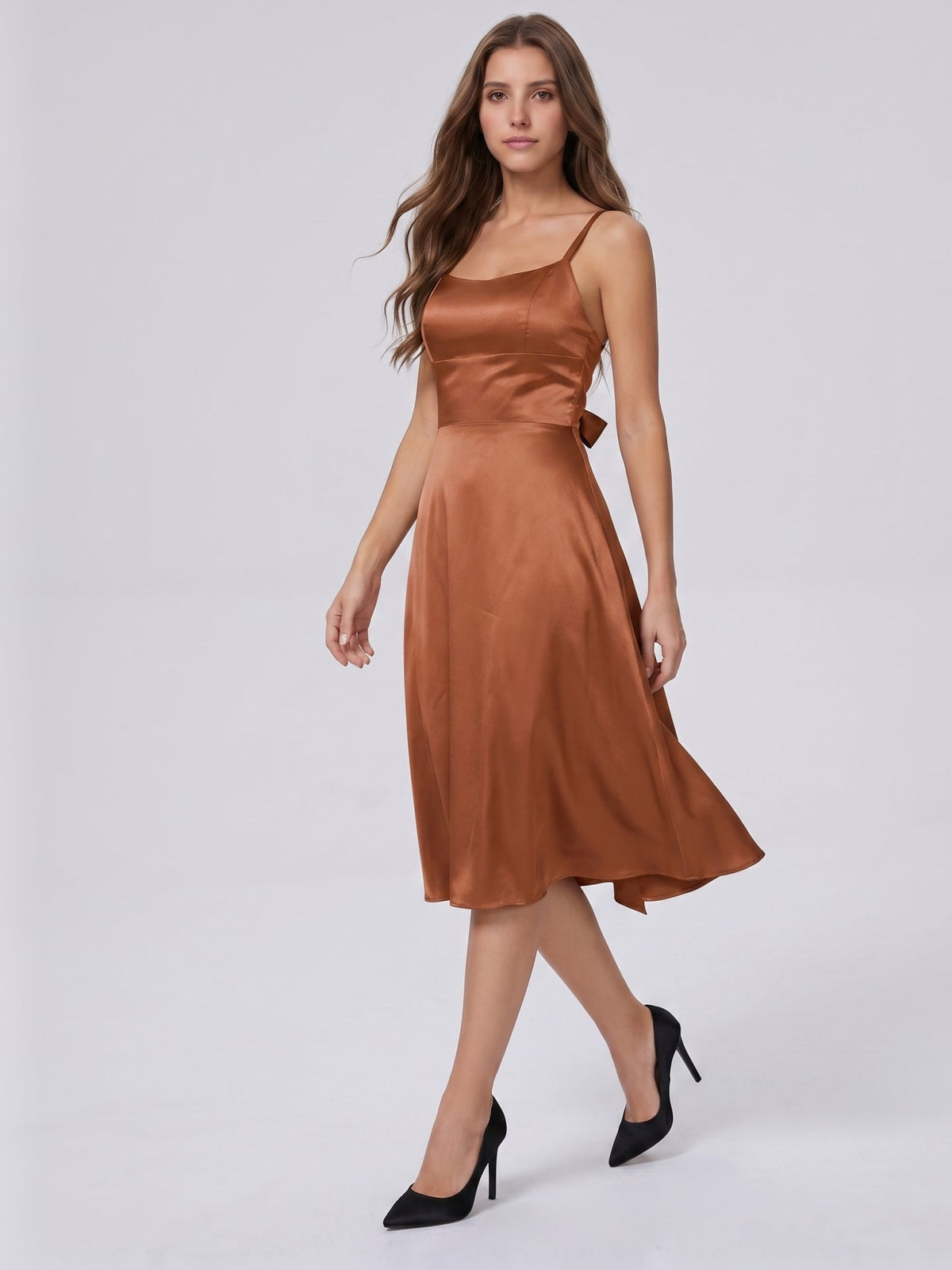 Terracotta Satin A-Line Scoop Neck Criss-Cross Back Knee-Length Bridesmaid Dress with Bow - Curvevia