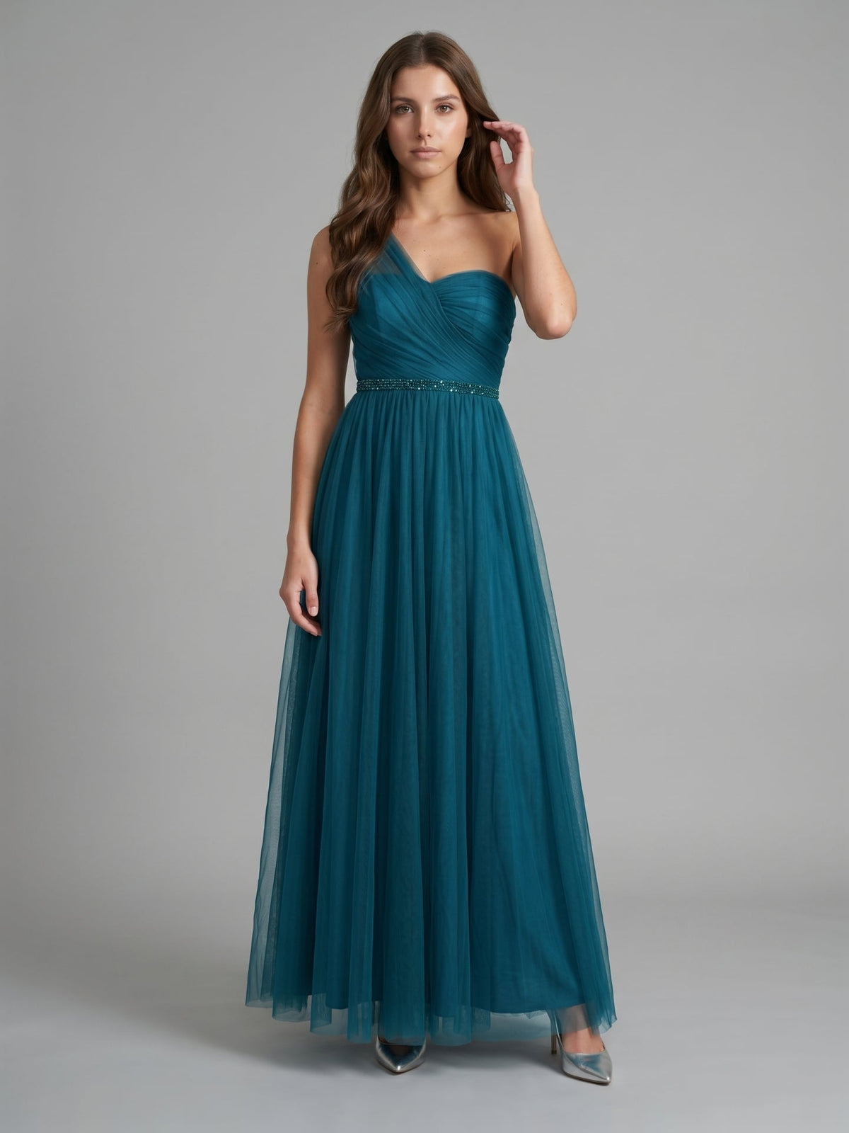 Teal Tulle A-Line One Shoulder Back Zip Floor-Length Pleated Bridesmaid Dress - Curvevia